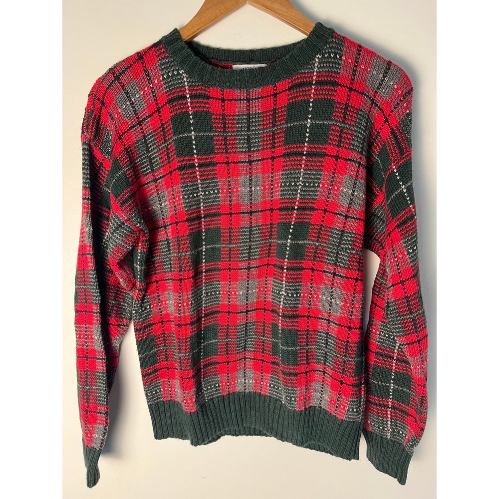 Kitestrings Plaid Sweater Kid 12/14 Red Green Ramie Cotton Knit Crew Neck Preppy
